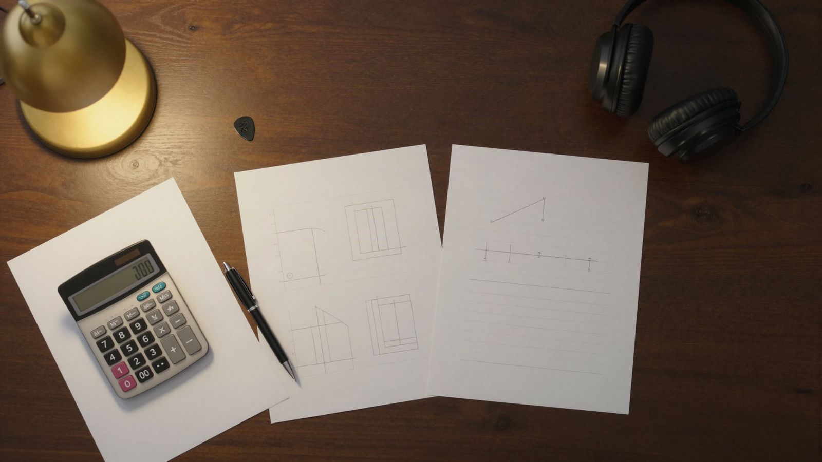 Printed charts, a calculator and a pen laid out on a dark desk