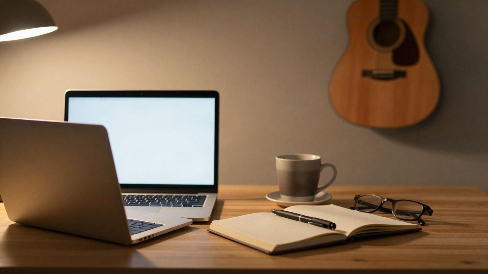 A laptop, a notebook and a mug on a desk, a guitar on the wall