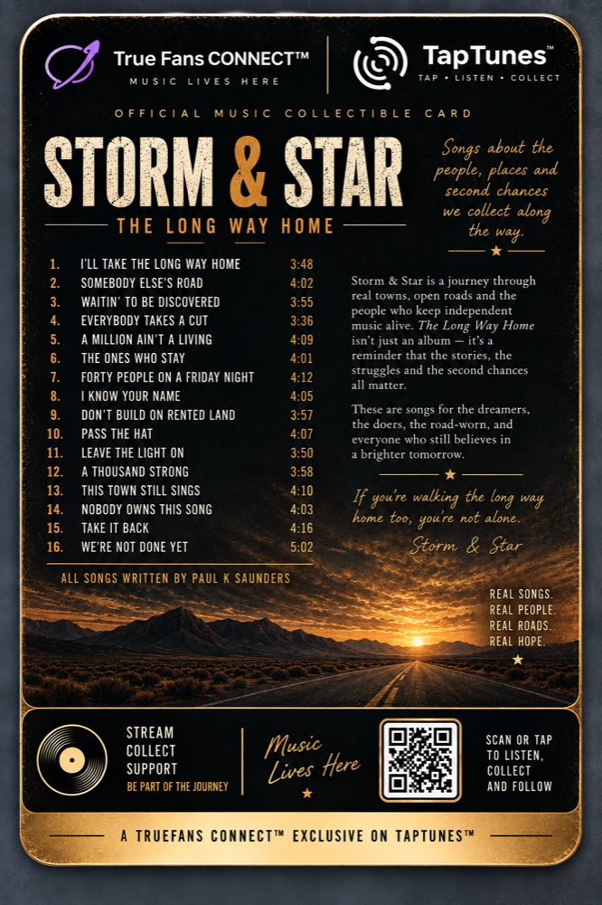 The back of the card &mdash; the sixteen tracks and a note from Storm & Star