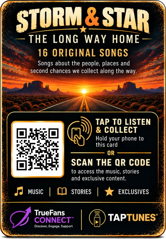 The back of the card &mdash; tap with your phone or scan the QR code to listen and collect