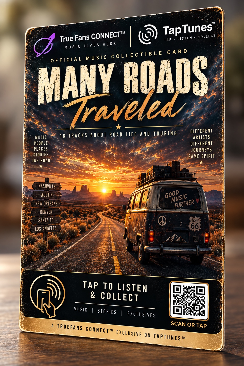 Many Roads Traveled — the Vol. 1 collectible music card: 16 tracks about road life and touring. Tap to listen and collect.